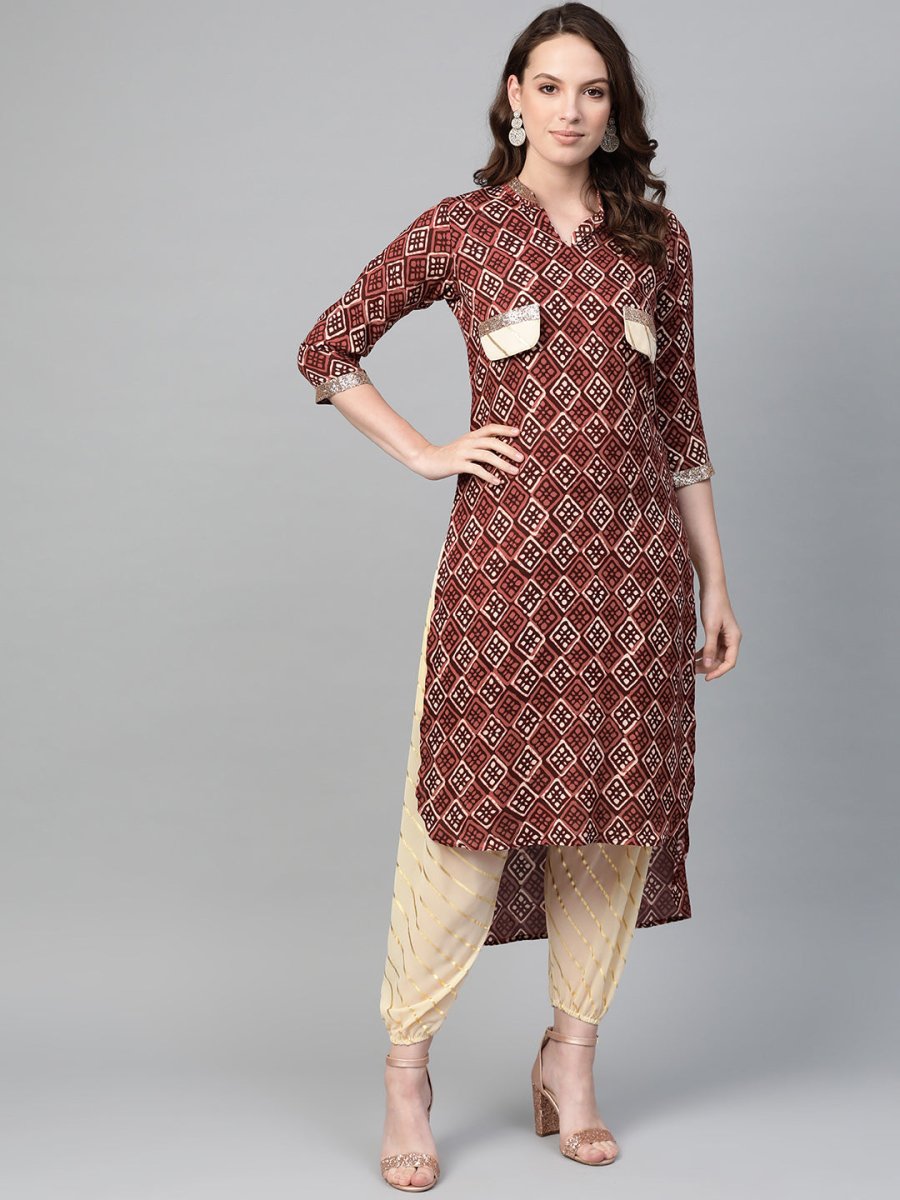 Ahalyaa Women Maroon & Cream-Coloured Printed Straight Kurta with Salwar