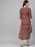 Ahalyaa Women Maroon & Cream-Coloured Printed Straight Kurta with Salwar