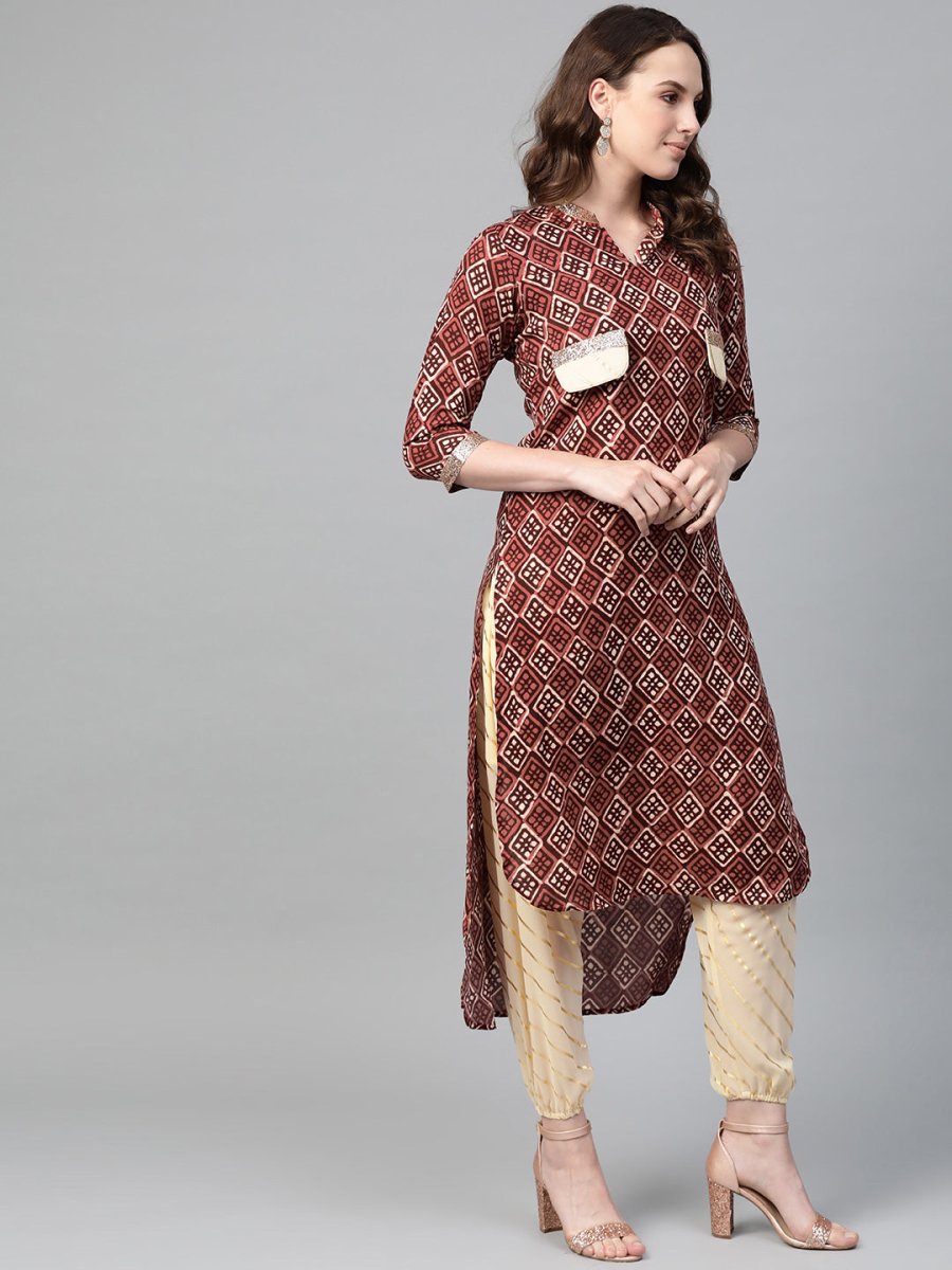 Ahalyaa Women Maroon & Cream-Coloured Printed Straight Kurta with Salwar