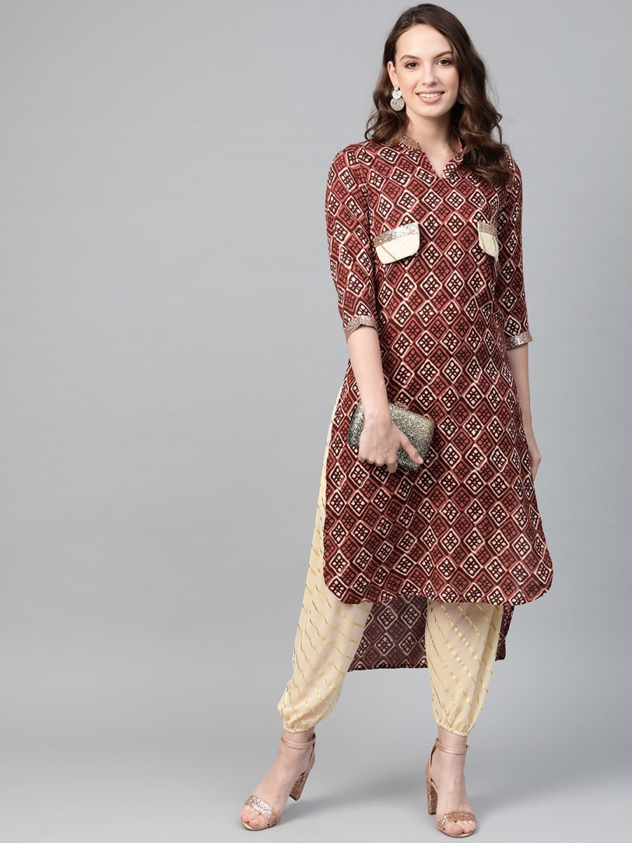 Ahalyaa Women Maroon & Cream-Coloured Printed Straight Kurta with Salwar