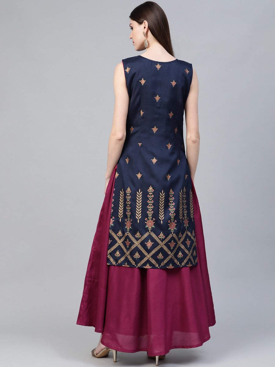 Ahalyaa Women Navy Blue & Magenta Ethnic Sreen Printed Layered Maxi Dress