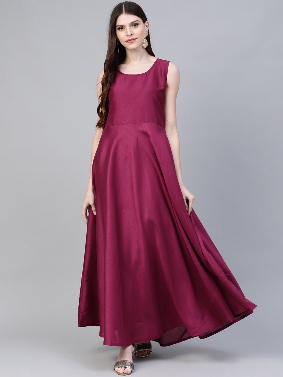 Ahalyaa Women Navy Blue & Magenta Ethnic Sreen Printed Layered Maxi Dress