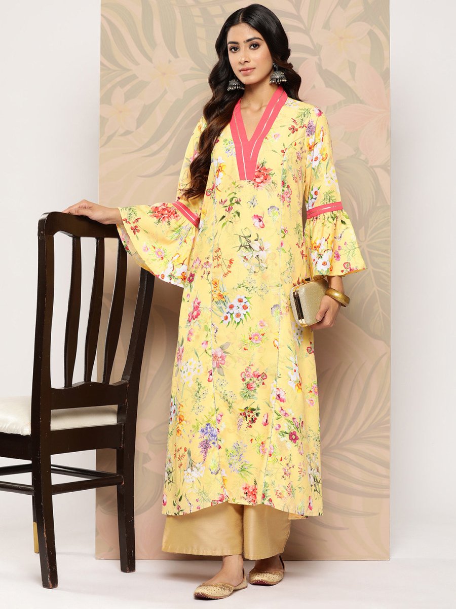 Ahalyaa Floral Printed Bell Sleeves Gotta Patti Crepe Kurta