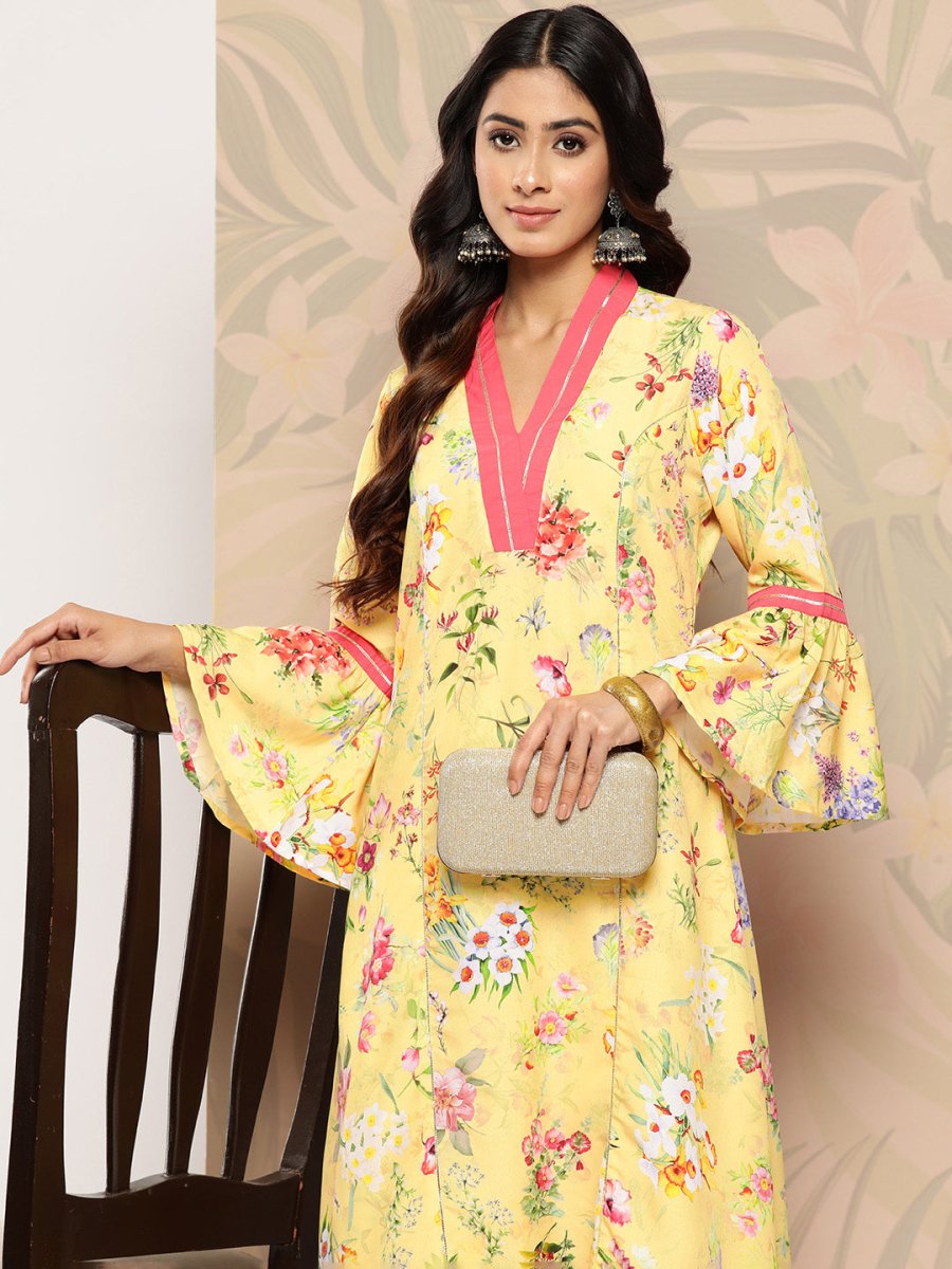 Ahalyaa Floral Printed Bell Sleeves Gotta Patti Crepe Kurta