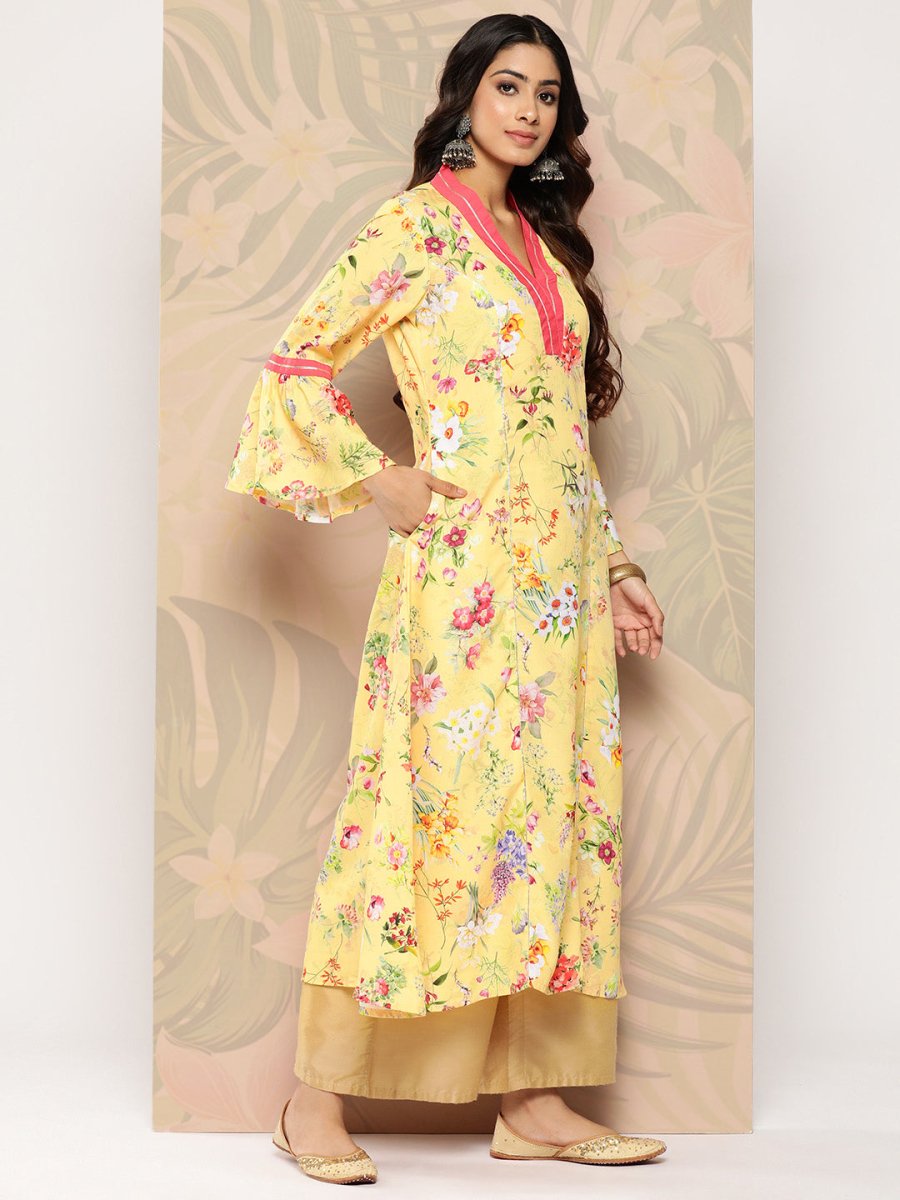 Ahalyaa Floral Printed Bell Sleeves Gotta Patti Crepe Kurta
