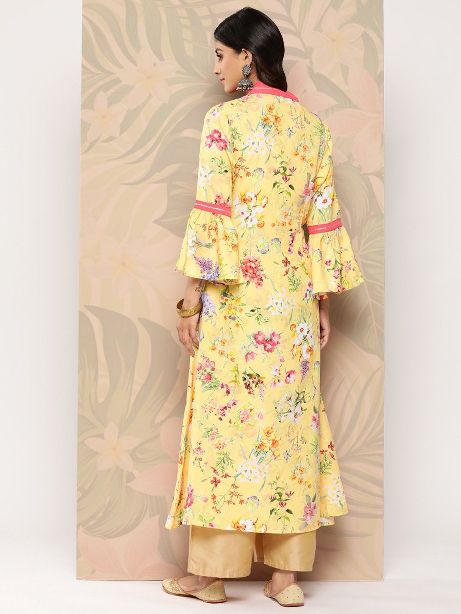 Ahalyaa Floral Printed Bell Sleeves Gotta Patti Crepe Kurta
