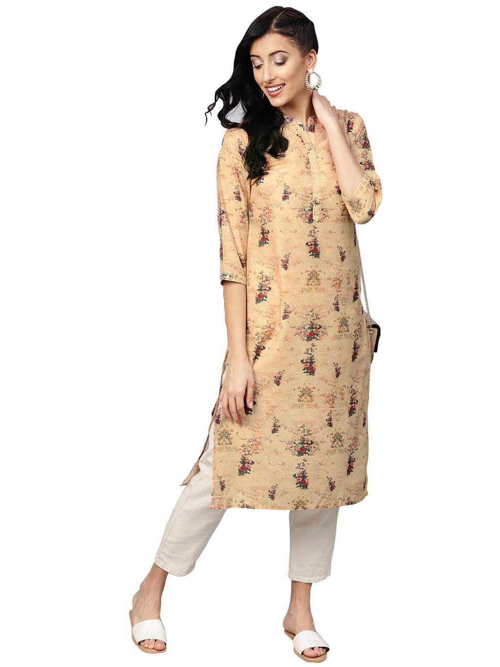 Ahalyaa Beige Dusty Print Straight Kurta For Women
