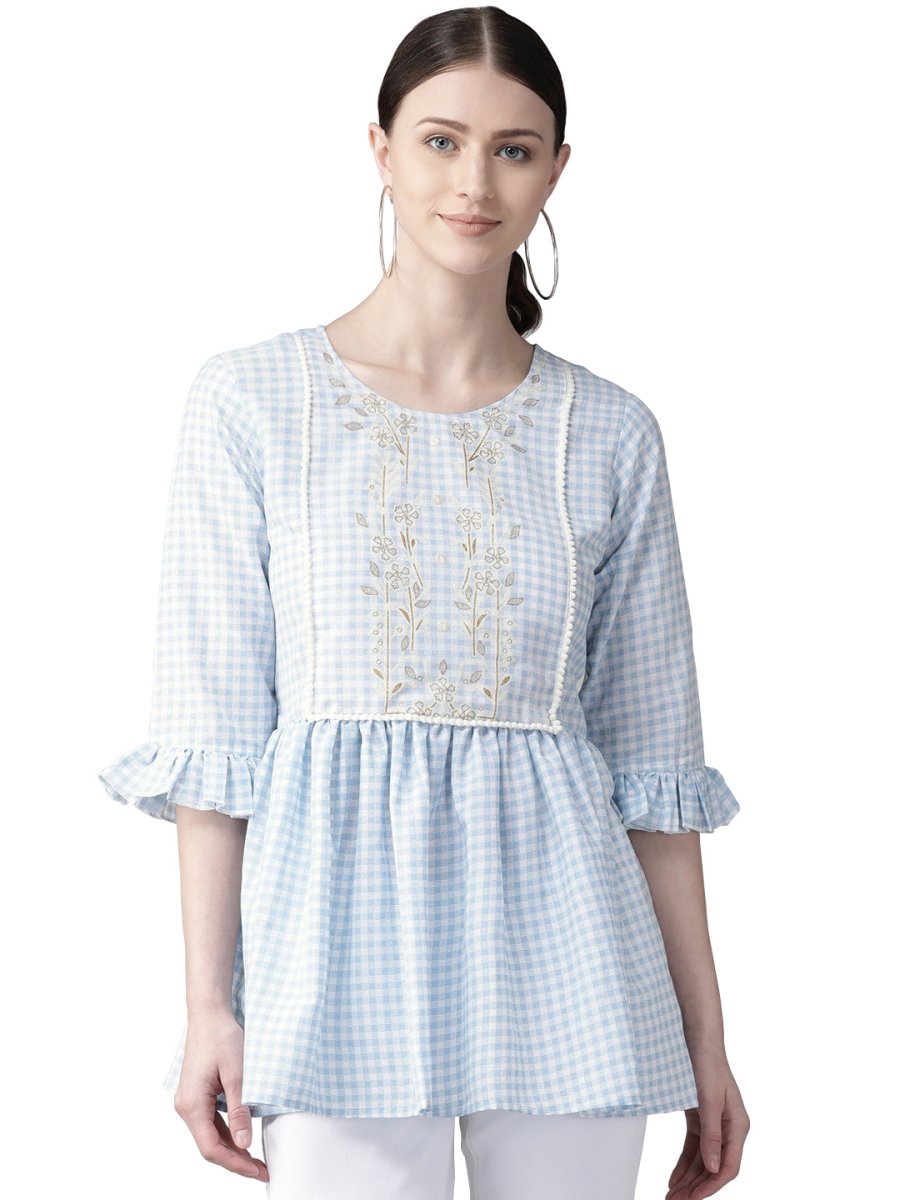 Ahalyaa Women Blue & White Checked A-Line Top