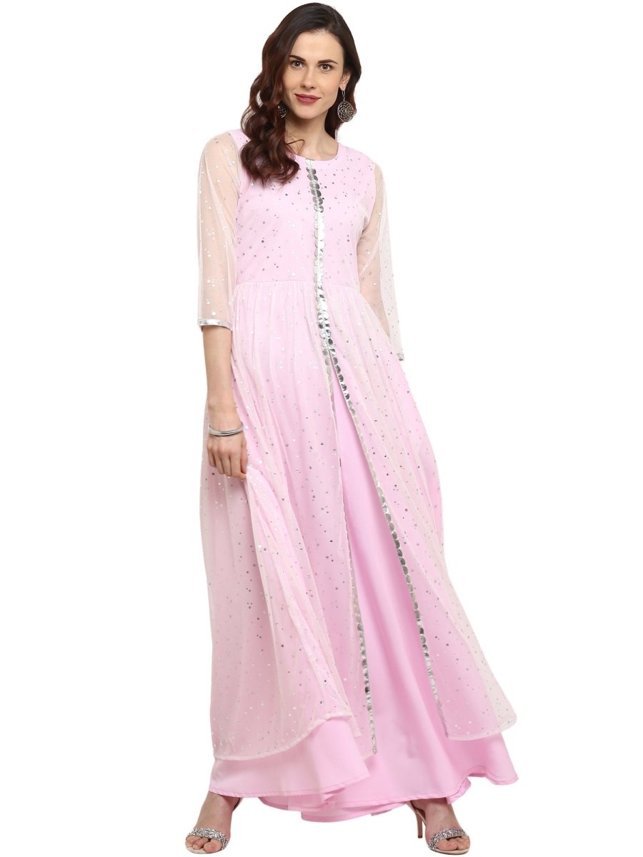 Ahalyaa Women's Stylist Double Layered Light Pink Indo Western Kurta Dress