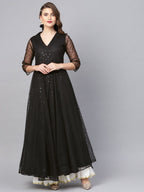 Ahalyaa Women Black Star Foil Print Angrakha Anarkali Kurta