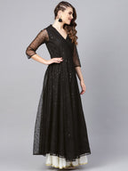 Ahalyaa Women Black Star Foil Print Angrakha Anarkali Kurta