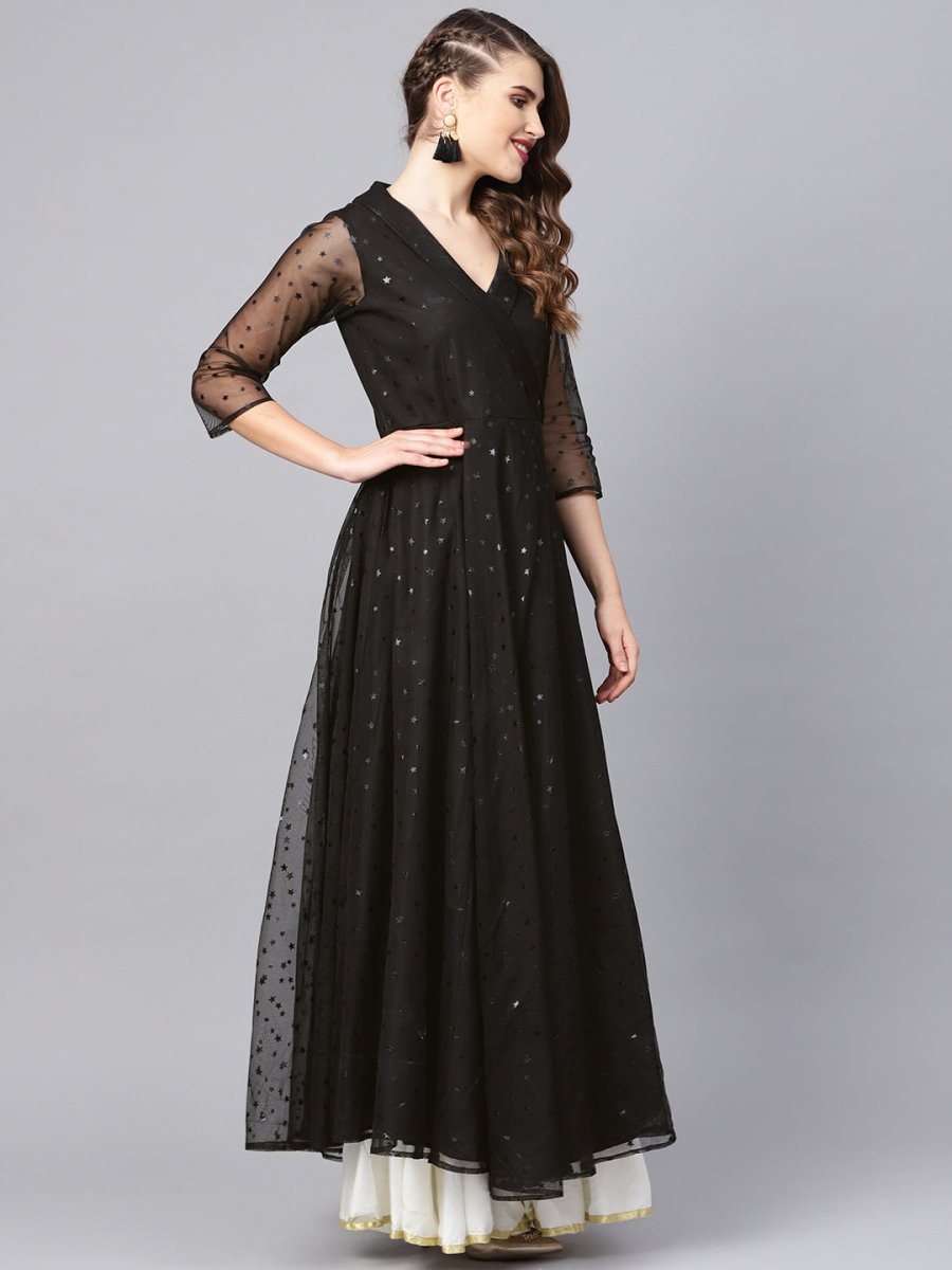Ahalyaa Women Black Star Foil Print Angrakha Anarkali Kurta