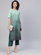 Ahalyaa Women Sea Green & Blue Printed Kurta With Trousers