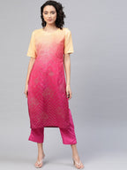 Ahalyaa Women Pink & Golden Dyed Printed Kurta With Trousers