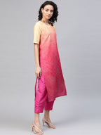 Ahalyaa Women Pink & Golden Dyed Printed Kurta With Trousers