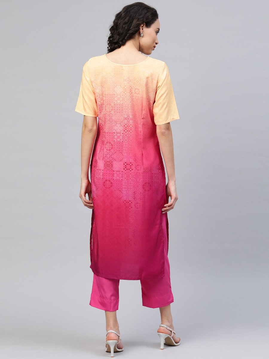 Ahalyaa Women Pink & Golden Dyed Printed Kurta With Trousers