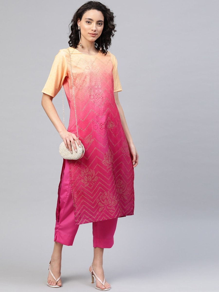 Ahalyaa Women Pink & Golden Dyed Printed Kurta With Trousers