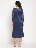 Ahalyaa Women's Navy Solid Velvet Angrakha Kurta With Gold Printed Pant