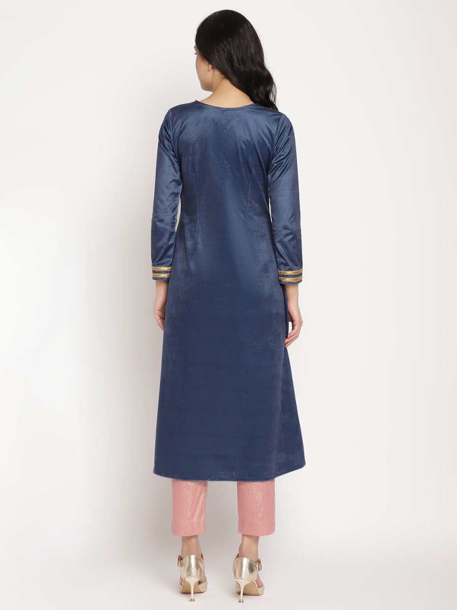 Ahalyaa Women's Navy Solid Velvet Angrakha Kurta With Gold Printed Pant