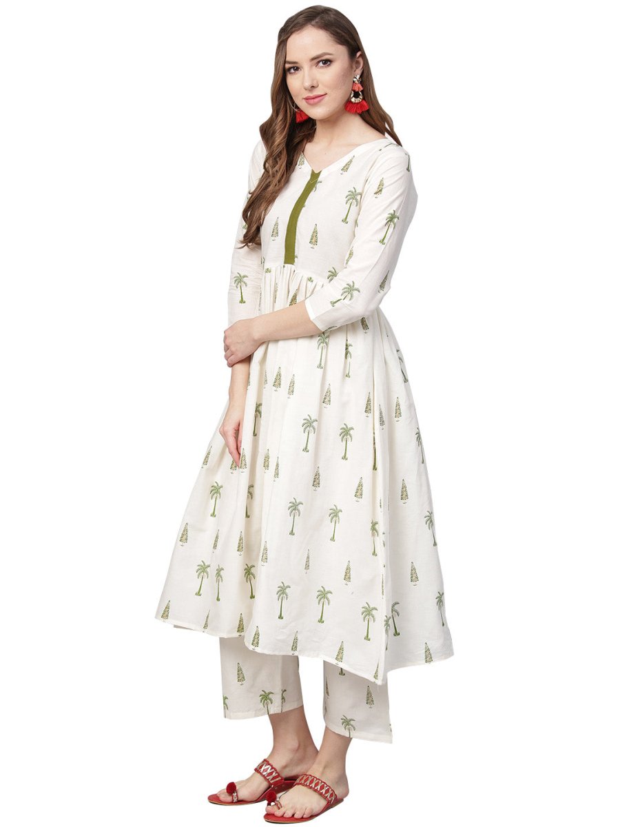 Ahalyaa Pure Cotton Off White Gathered Kurta With Pant