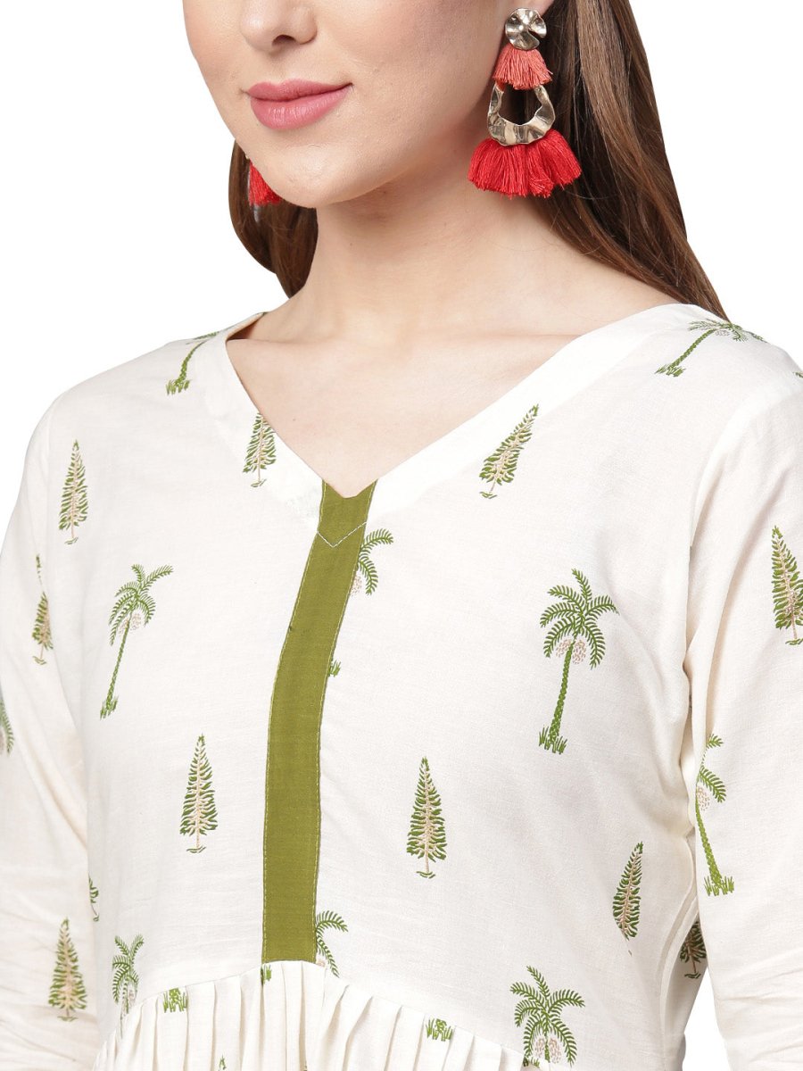 Ahalyaa Pure Cotton Off White Gathered Kurta With Pant