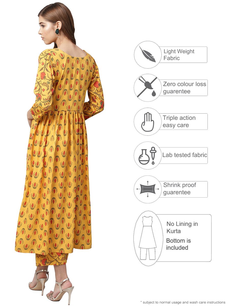 Ahalyaa Mustard Gathered Printed Kurta With Pant