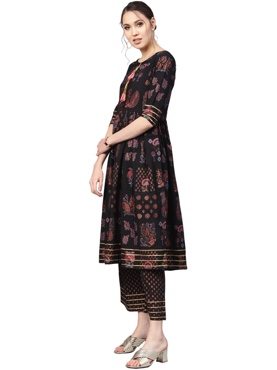 Ahalyaa Black Poly Crepe A-Line Kurta Set