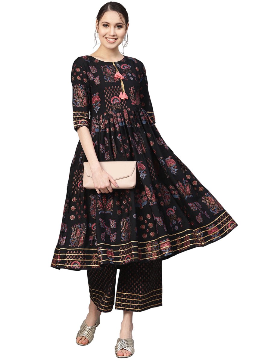 Ahalyaa Black Poly Crepe A-Line Kurta Set