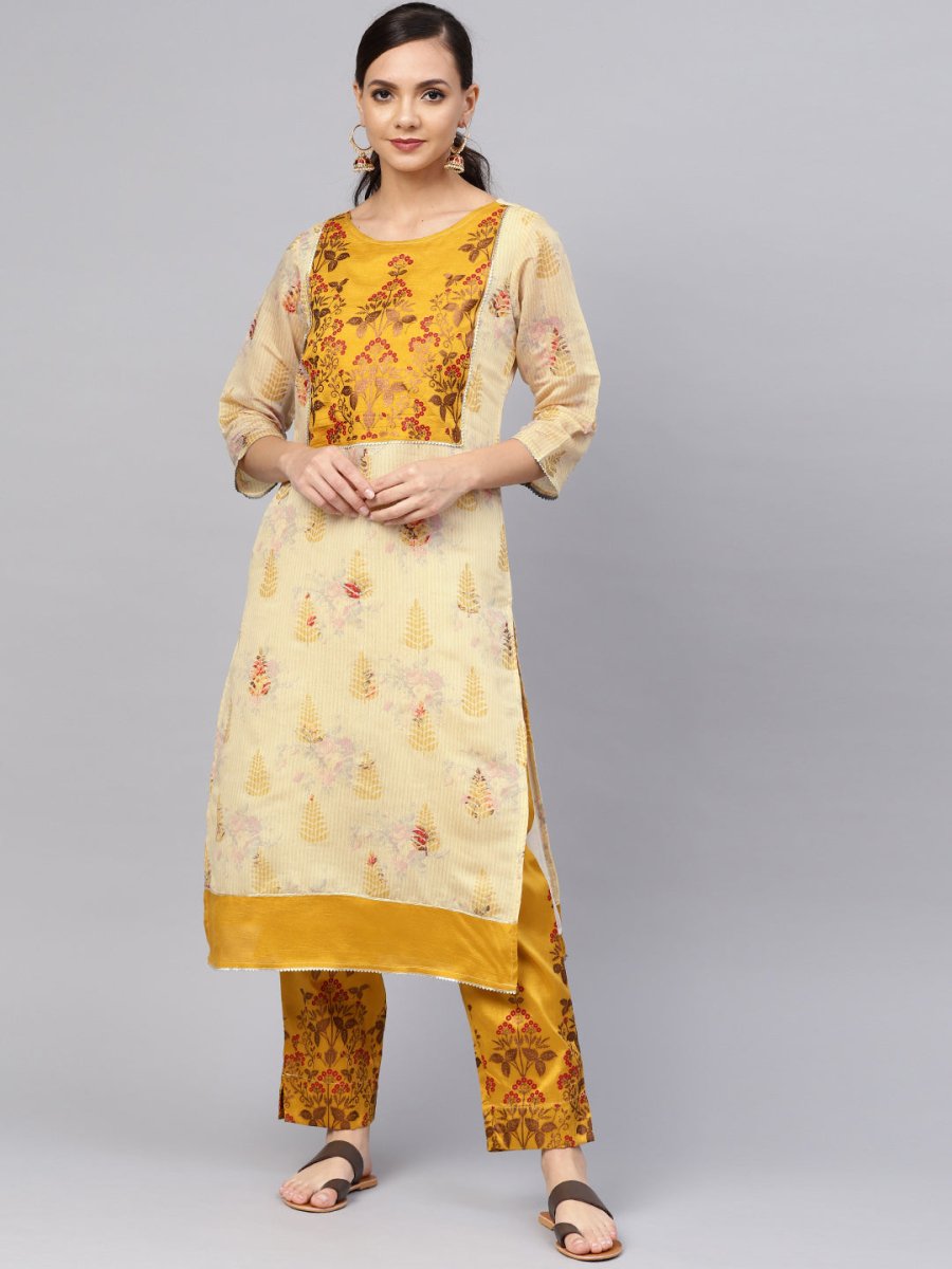 Ahalyaa Women Beige & Mustard Yellow Printed Kurta with Trouser