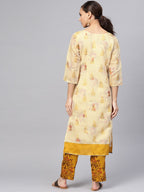 Ahalyaa Women Beige & Mustard Yellow Printed Kurta with Trouser