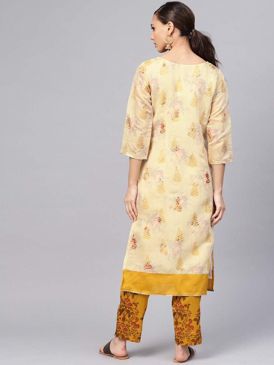 Ahalyaa Women Beige & Mustard Yellow Printed Kurta with Trouser
