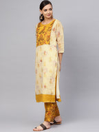 Ahalyaa Women Beige & Mustard Yellow Printed Kurta with Trouser