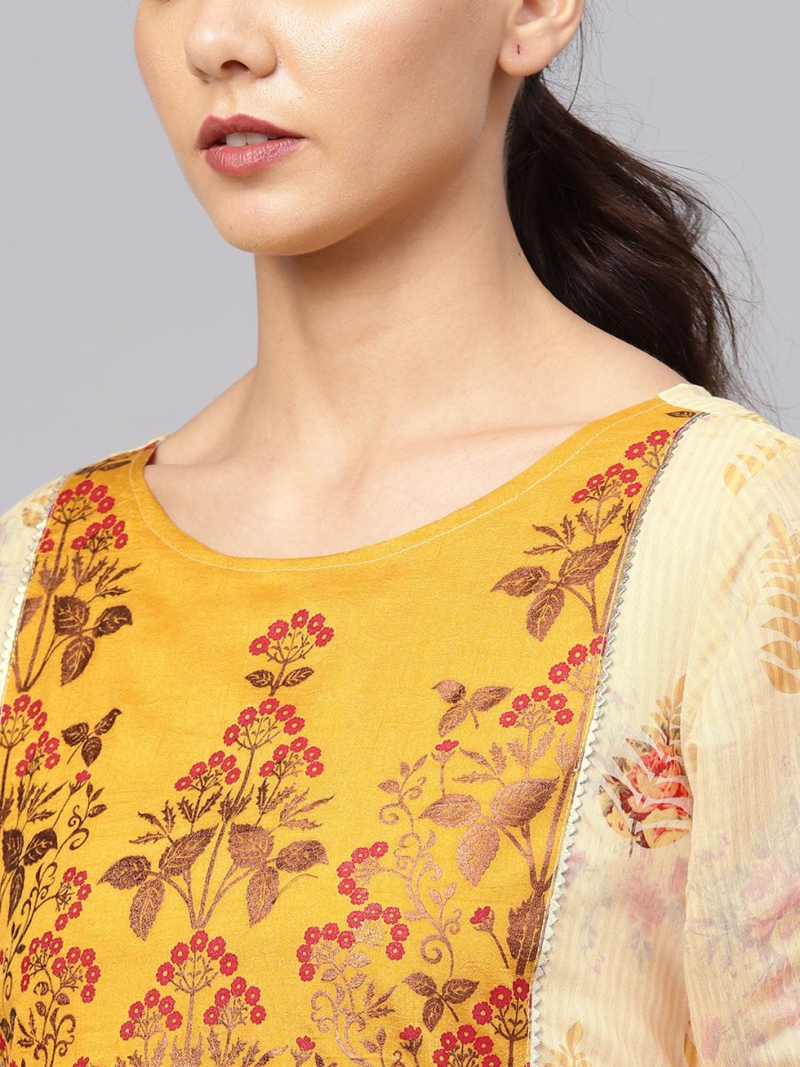 Ahalyaa Women Beige & Mustard Yellow Printed Kurta with Trouser