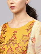 Ahalyaa Women Beige & Mustard Yellow Printed Kurta with Trouser