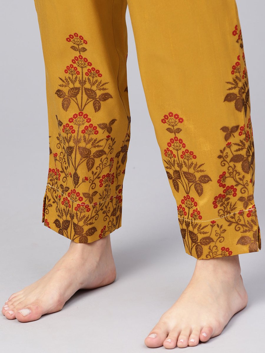 Ahalyaa Women Beige & Mustard Yellow Printed Kurta with Trouser