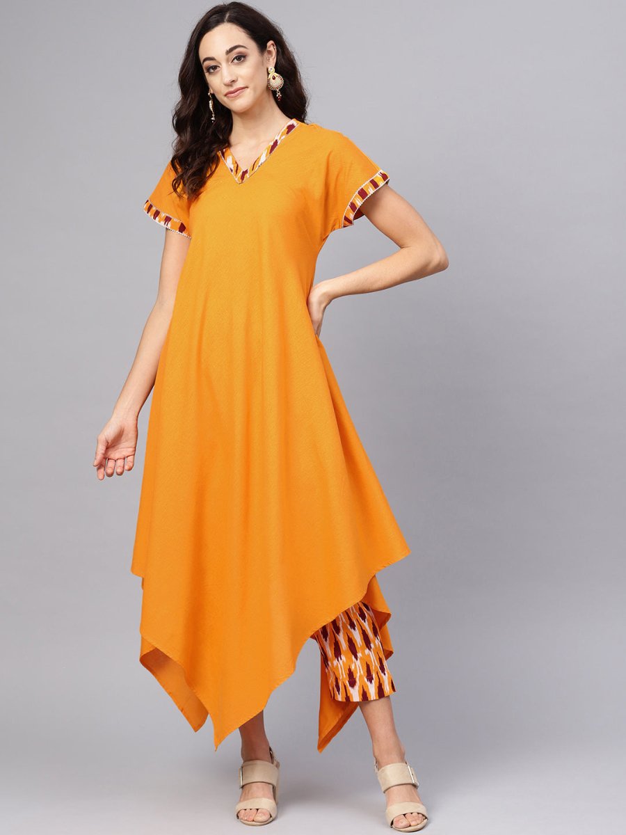 Ahalyaa Mustard Solid Kimono Style Cotton Kurta Set