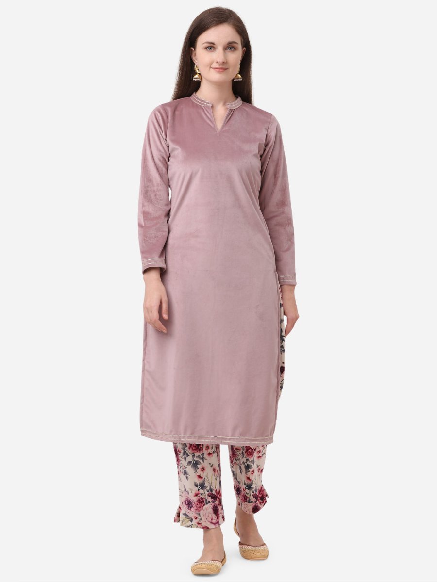 Ahalyaa Lilac Solid Kurta & Floral Pant Set