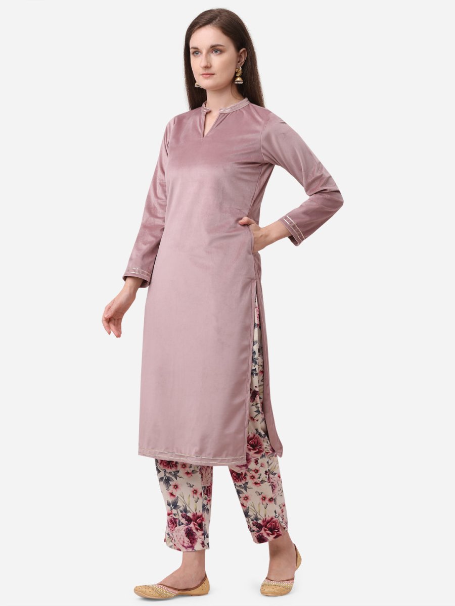 Ahalyaa Lilac Solid Kurta & Floral Pant Set