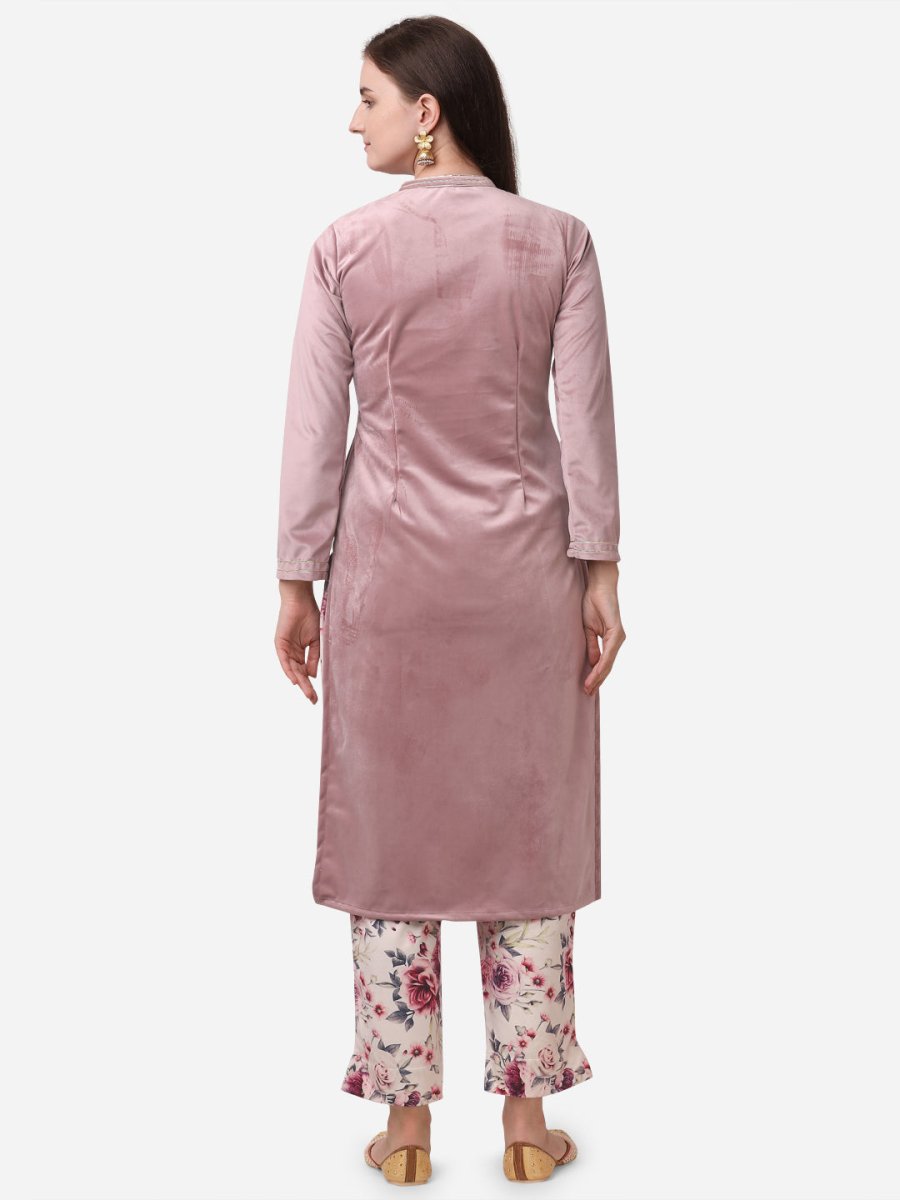 Ahalyaa Lilac Solid Kurta & Floral Pant Set