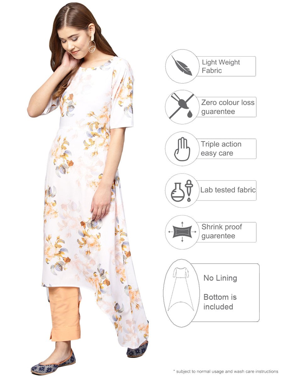 Ahalyaa White & Peach Floral Kurta With Pant