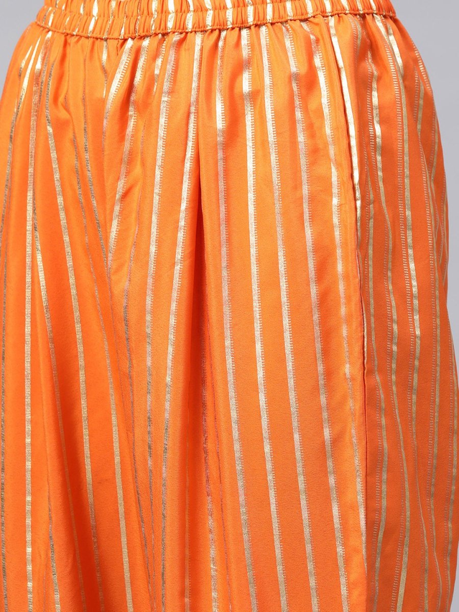 Ahalyaa Women Orange & Golden Striped Kurta With Trousers & Dupatta