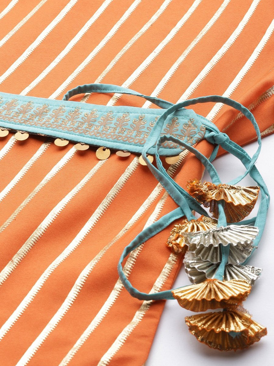 Ahalyaa Women Orange & Golden Striped Kurta With Trousers & Dupatta