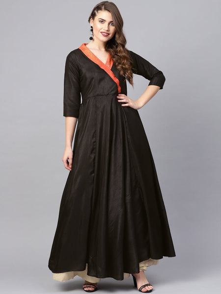 Ahalyaa Black Plain A-Line Kurta