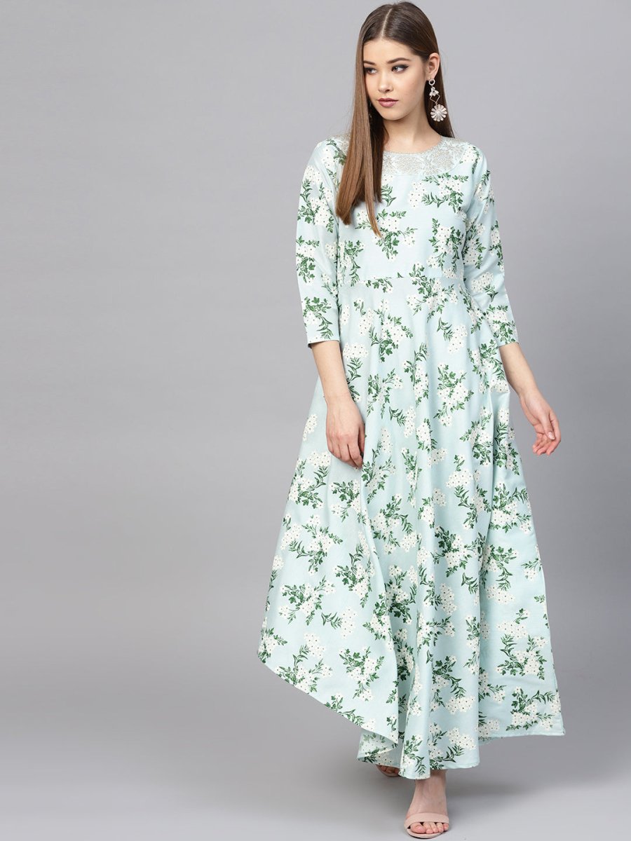 Ahalyaa Sky Blue Printed Asymmetric Kurta