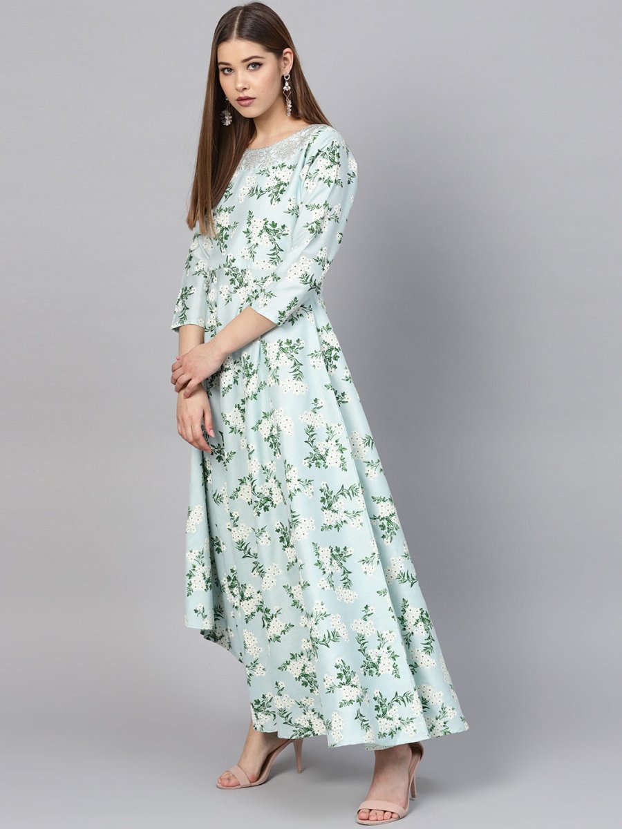 Ahalyaa Sky Blue Printed Asymmetric Kurta
