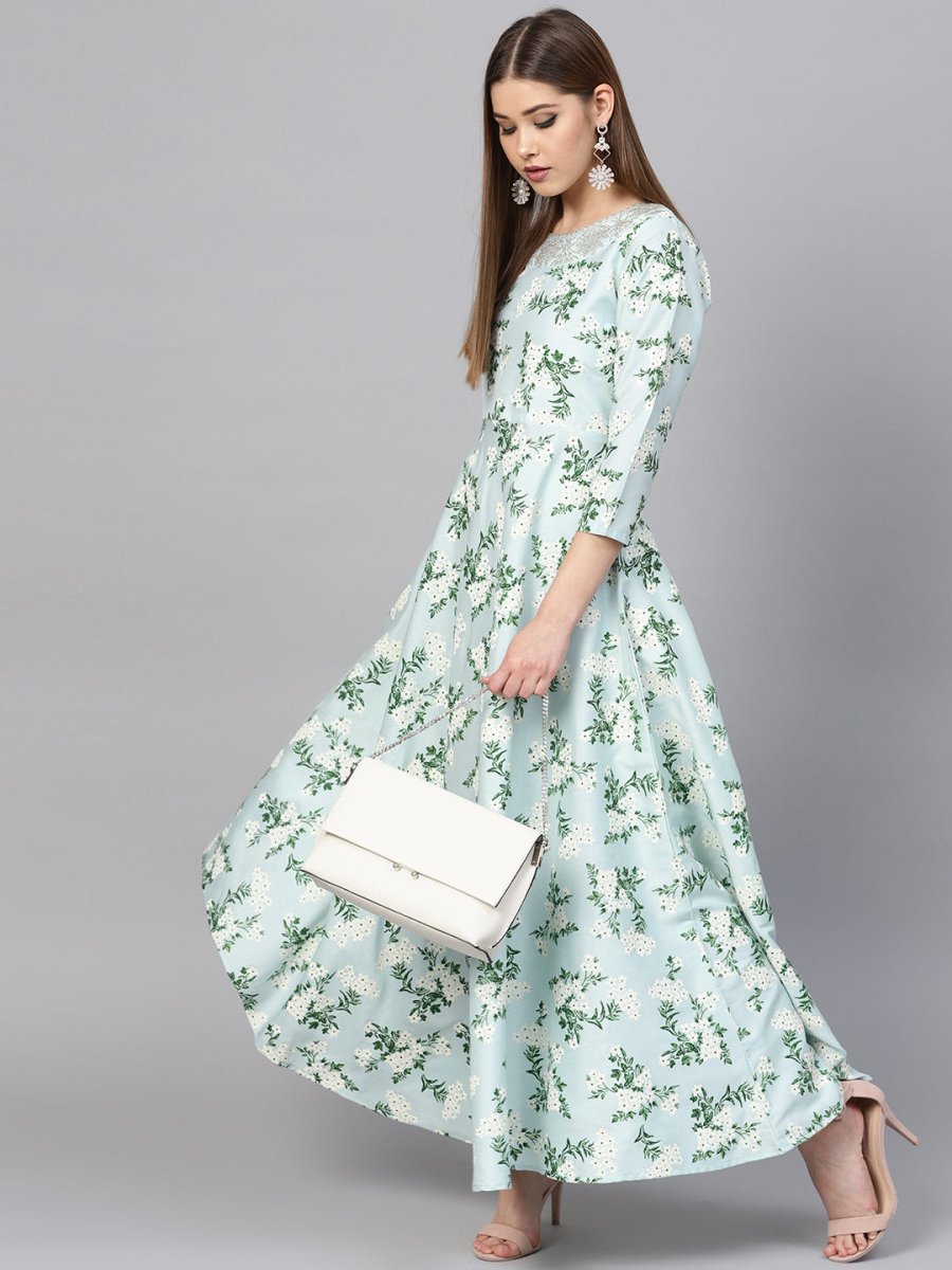 Ahalyaa Sky Blue Printed Asymmetric Kurta