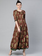 Ahalyaa Women Brown & Olive Green Floral Print Layered Anarkali Kurta