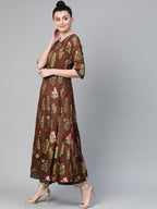 Ahalyaa Women Brown & Olive Green Floral Print Layered Anarkali Kurta
