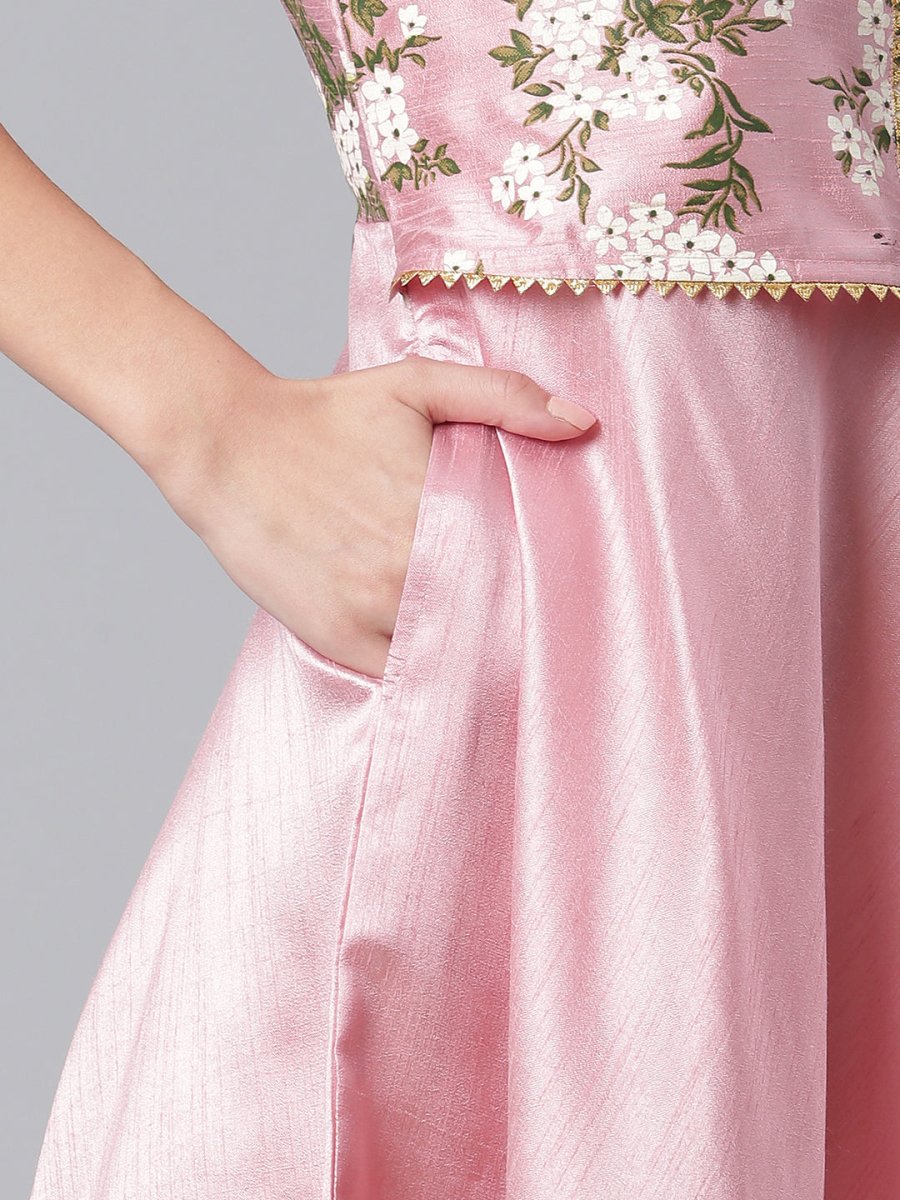 Ahalyaa Art Silk Pink Solid Kurta With Attached Floral Print Jacket