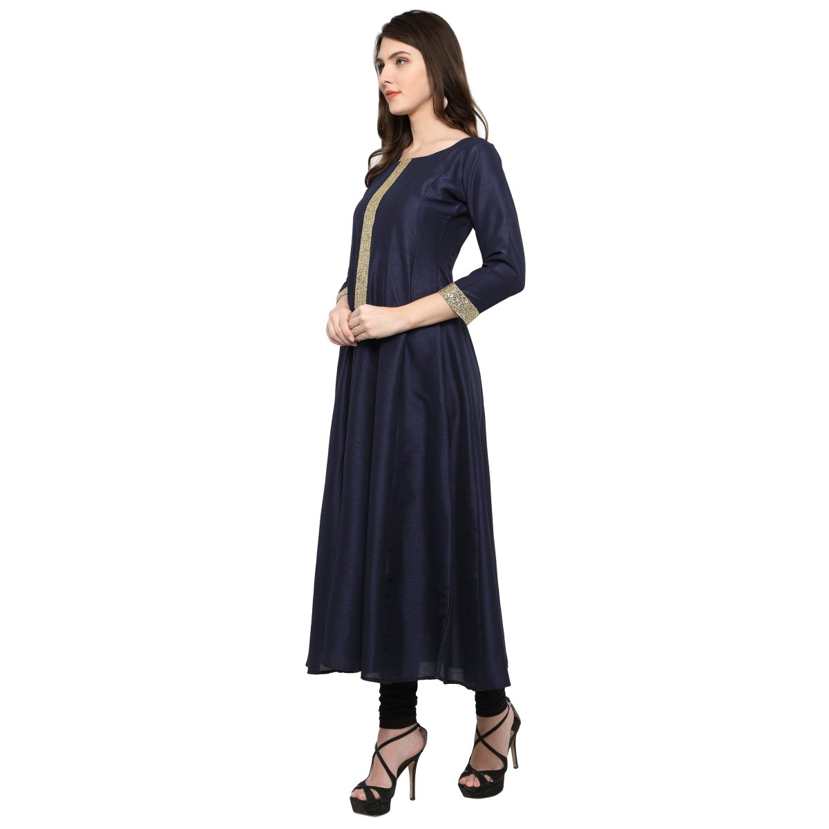 Ahalyaa Women's Navy Blue And Gold Anarkali For Festive And Party Wear